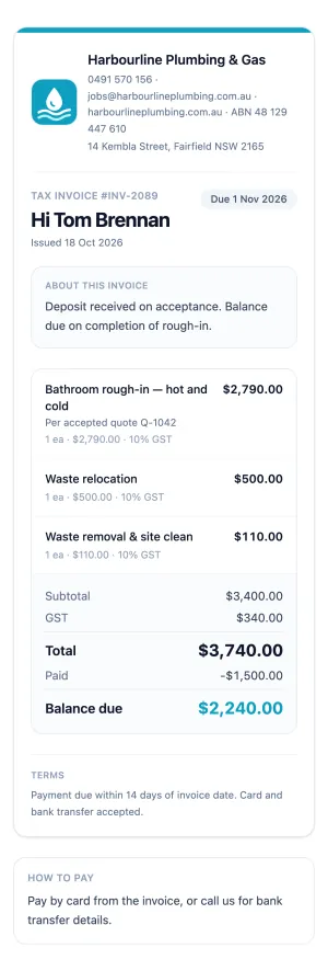 A partially paid invoice in Toolbox, with the payment recorded and the balance left