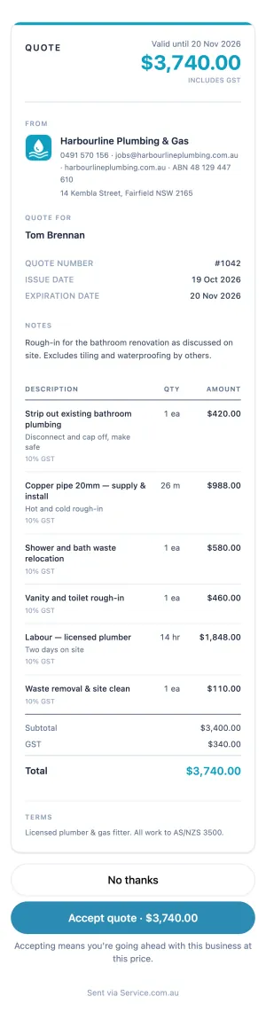 A Harbourline Plumbing quote for $3,740